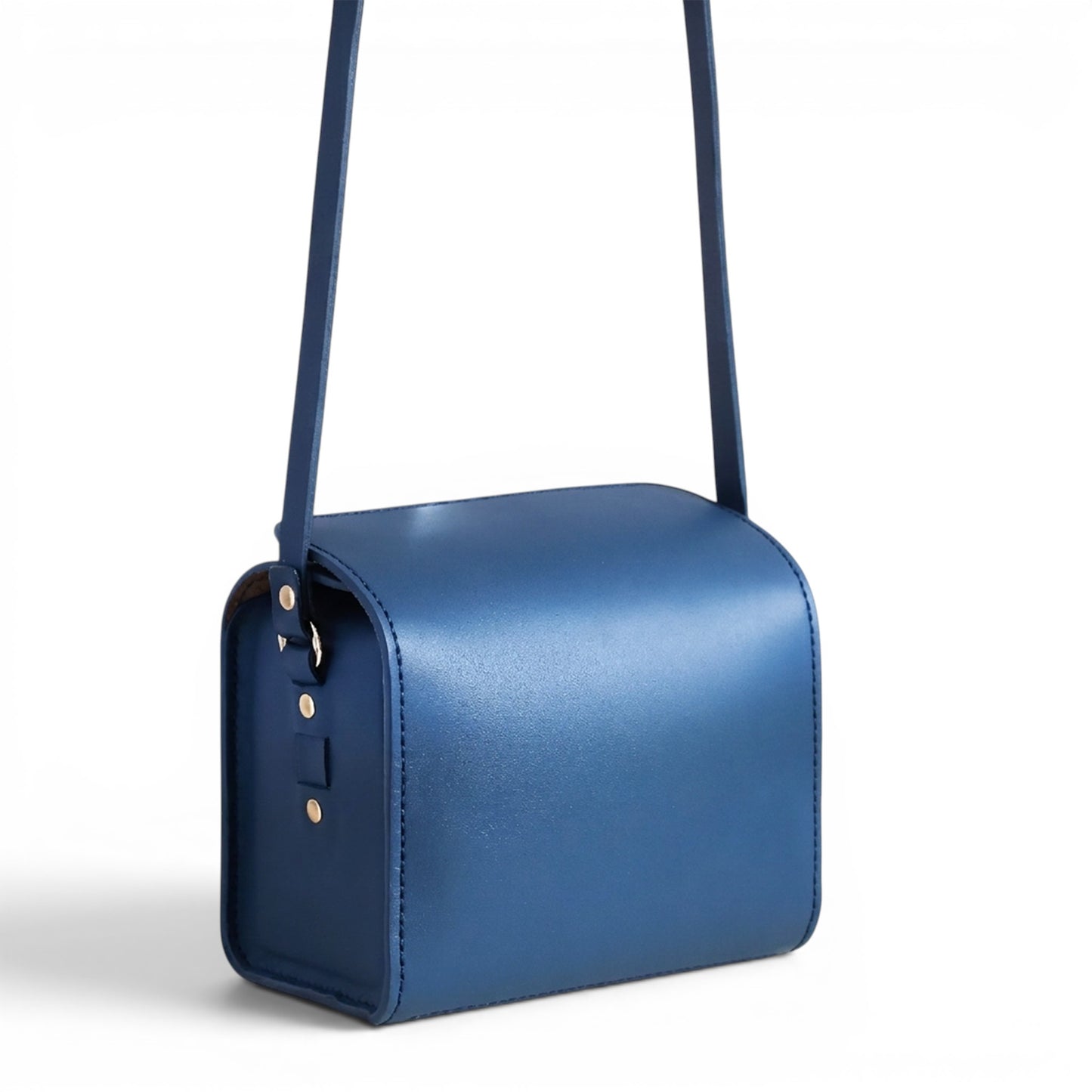 Blue leather crossbody bag with a strap