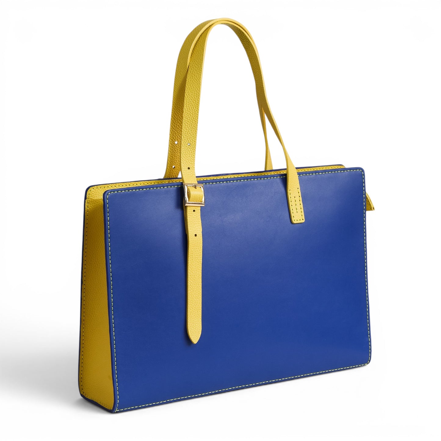 Blue and yellow leather handbag