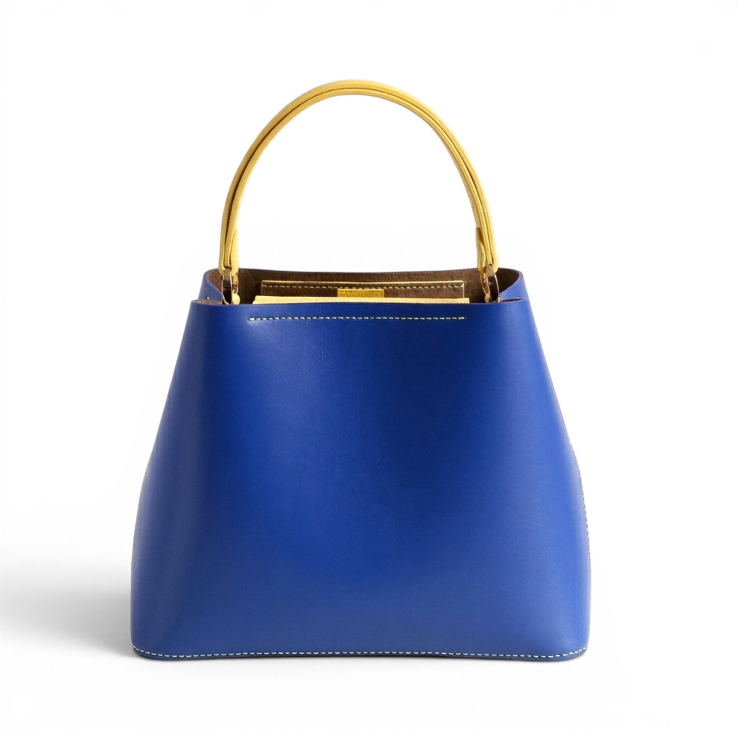 Blue and yellow leather handbag with handle