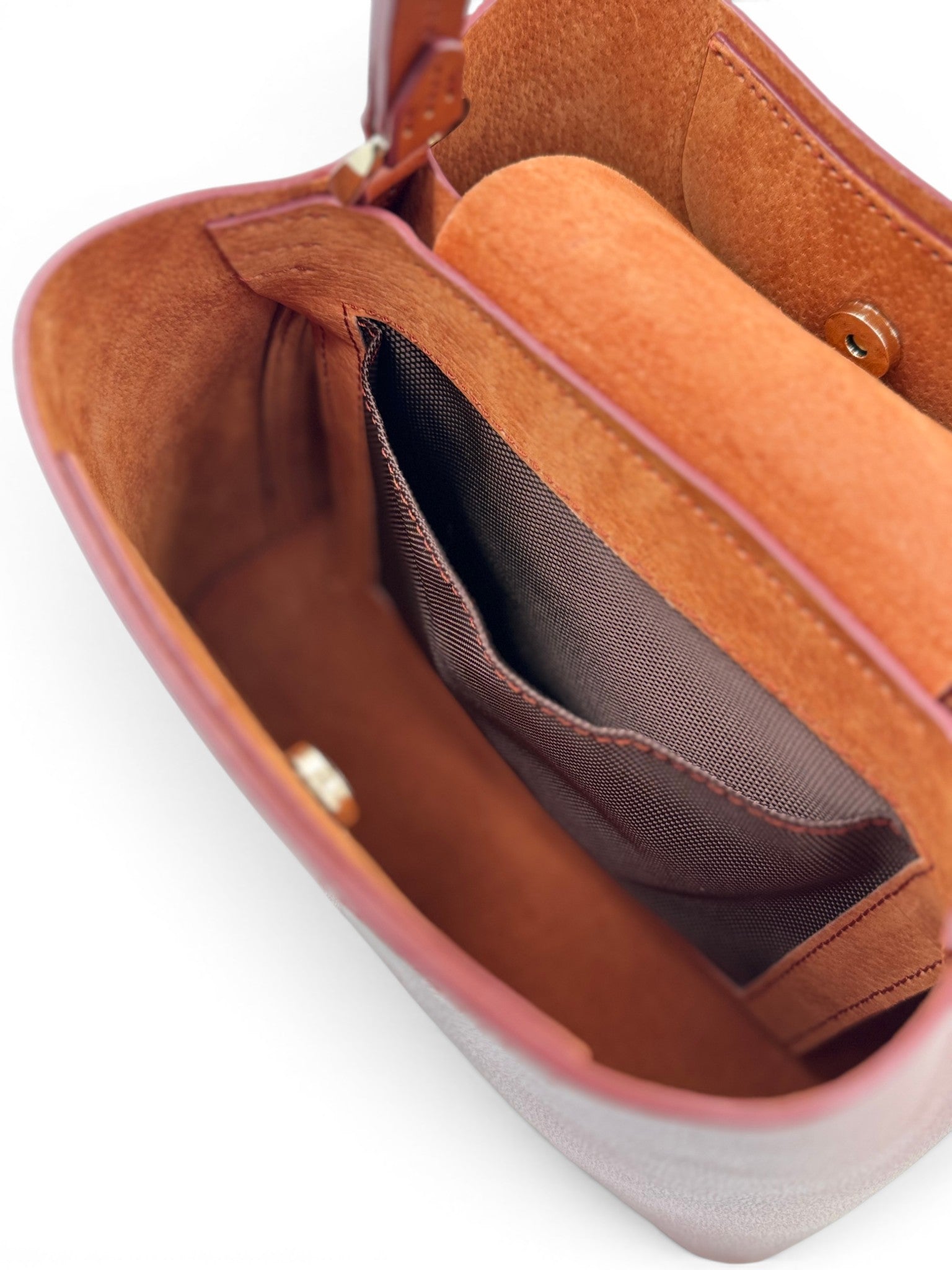 Brown leather handbag interior