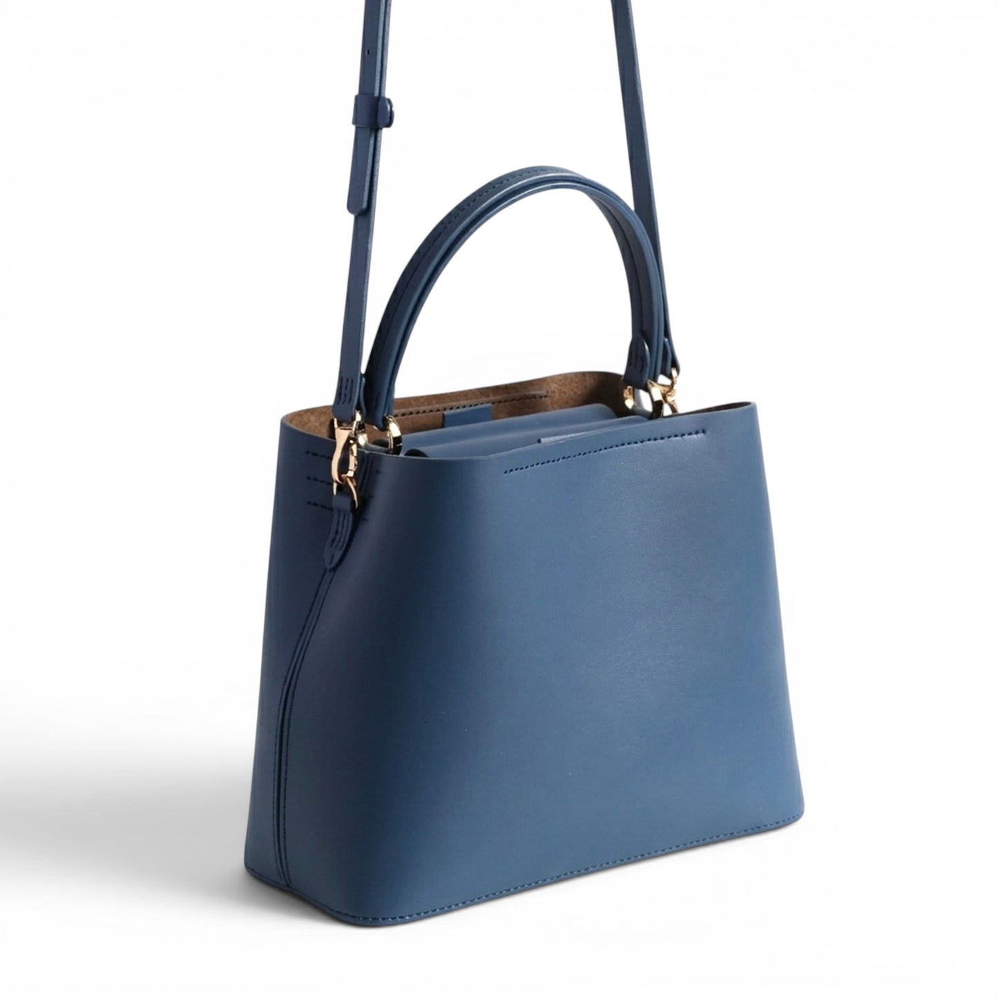 Blue leather handbag with a handle and crossbody strap