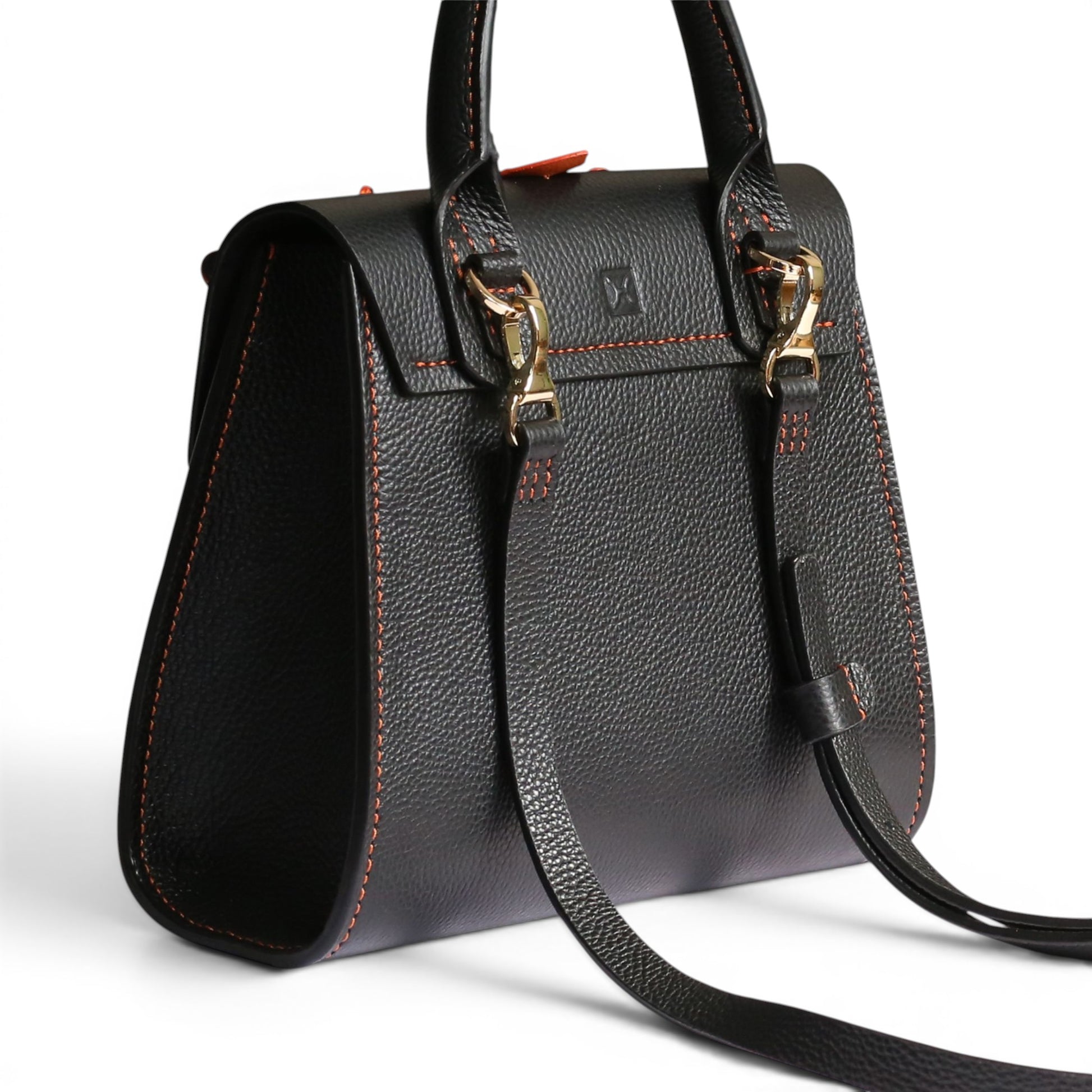 Black leather handbag with gold hardware
