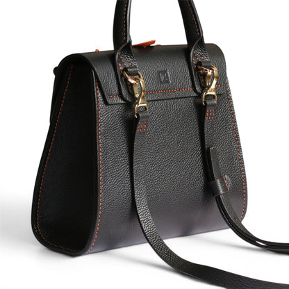 Black leather handbag with gold hardware