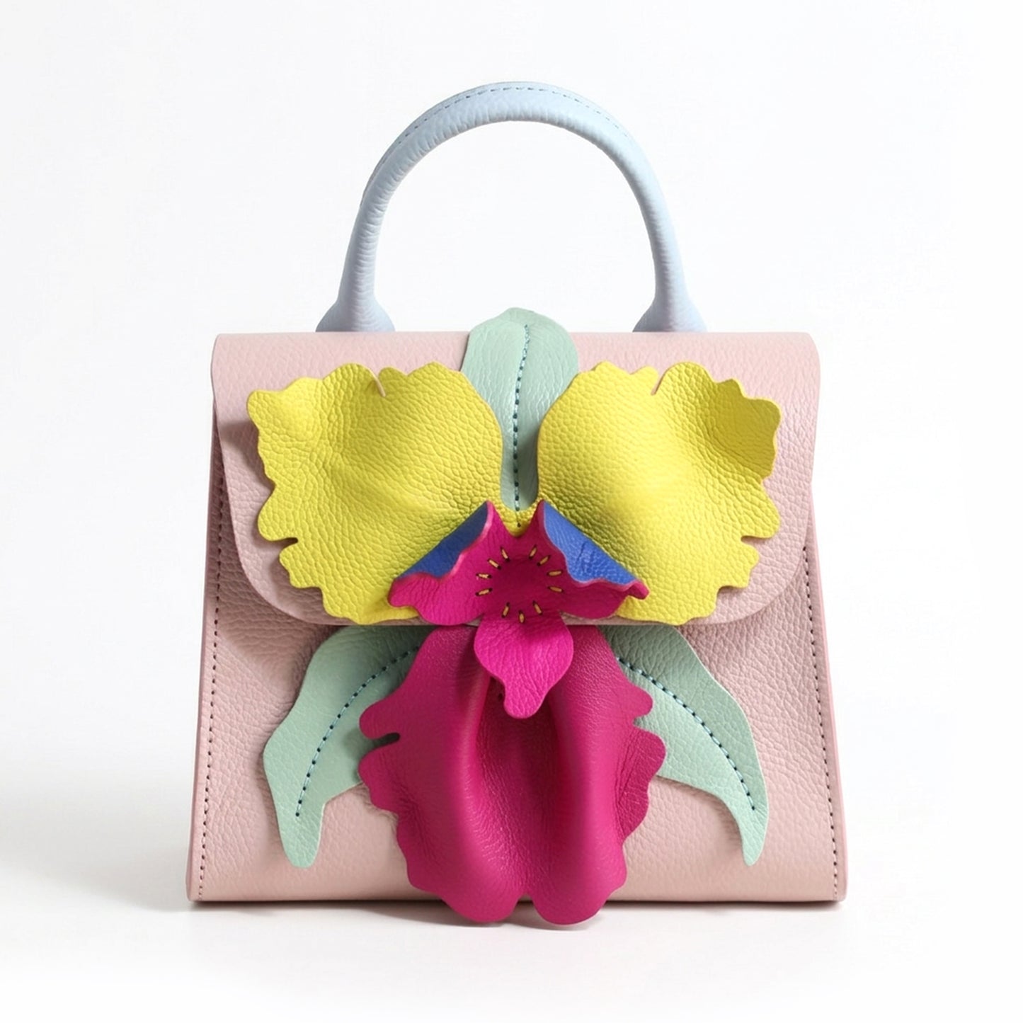 Pink handbag with colorful Orchid design