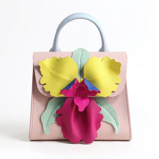 Pink handbag with colorful Orchid design