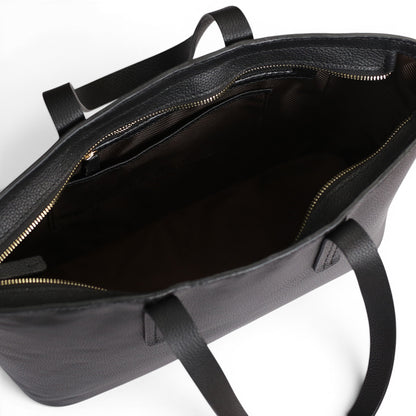 Black leather bag with gold zipper 
