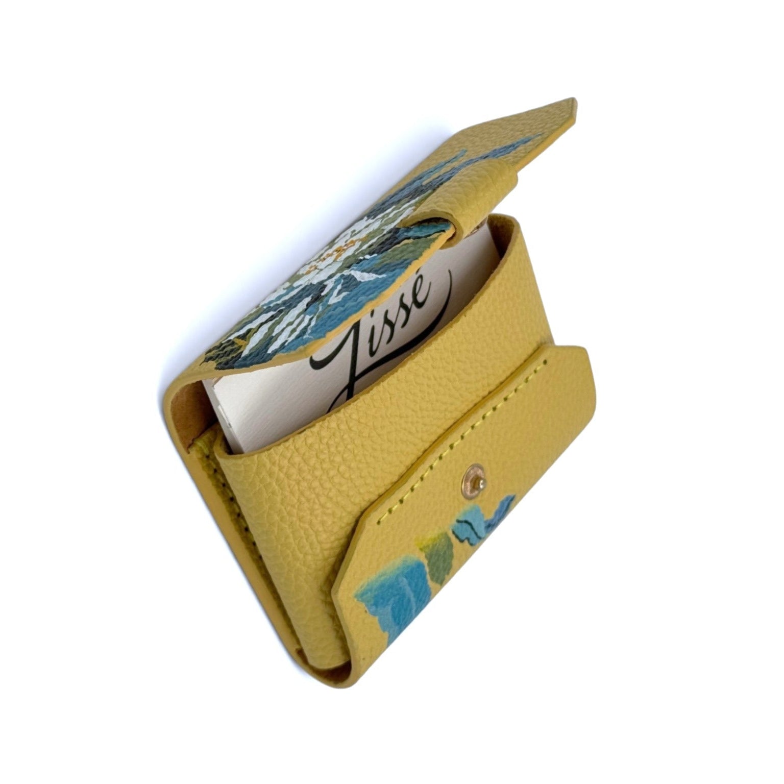 Yellow leather wallet with floral design 