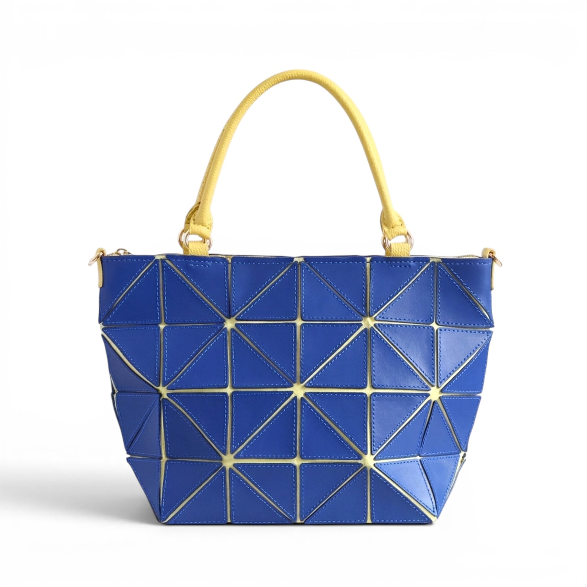 Blue and yellow leather handbag with geometric patches