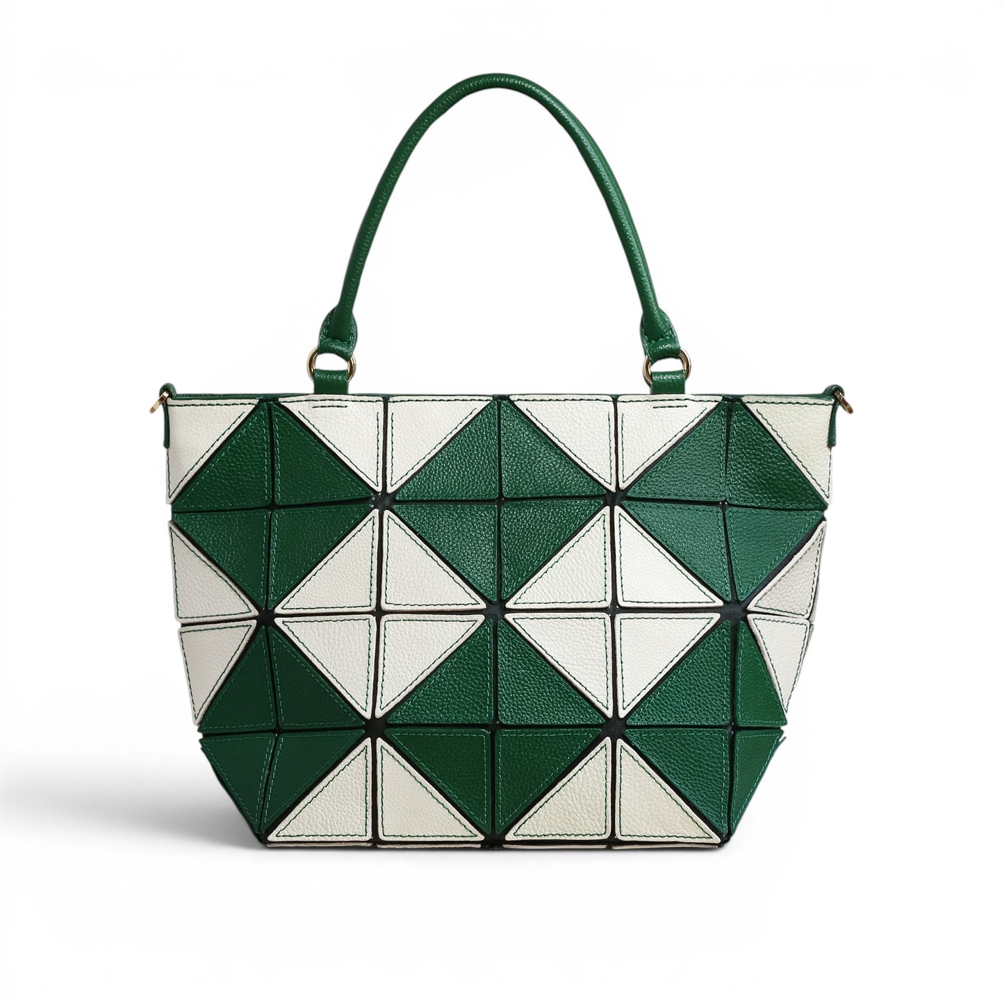 Green and white leather handbag with geometric patches