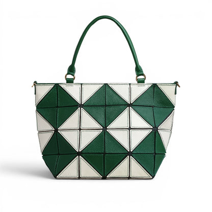 Green and white leather handbag with geometric patches