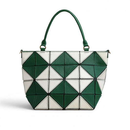 Green and white leather handbag with geometric patches