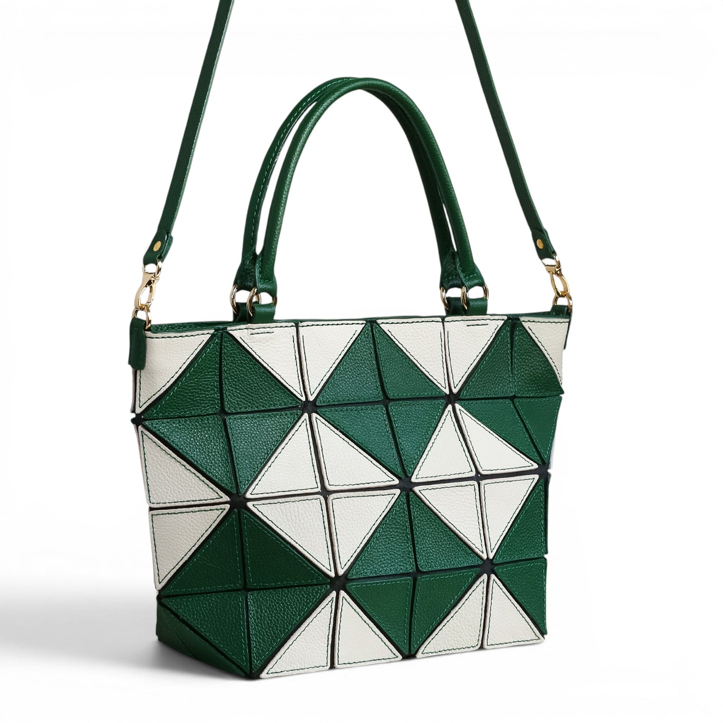 Green and white leather handbag with geometric patches