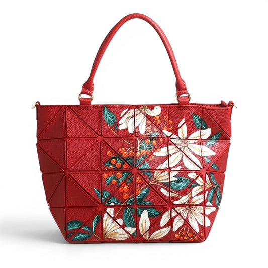 Red leather handbag with geometric patches