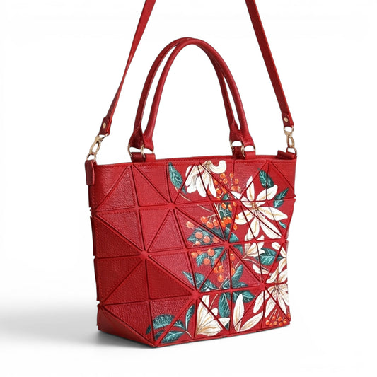  Red leather handbag with geometric patches