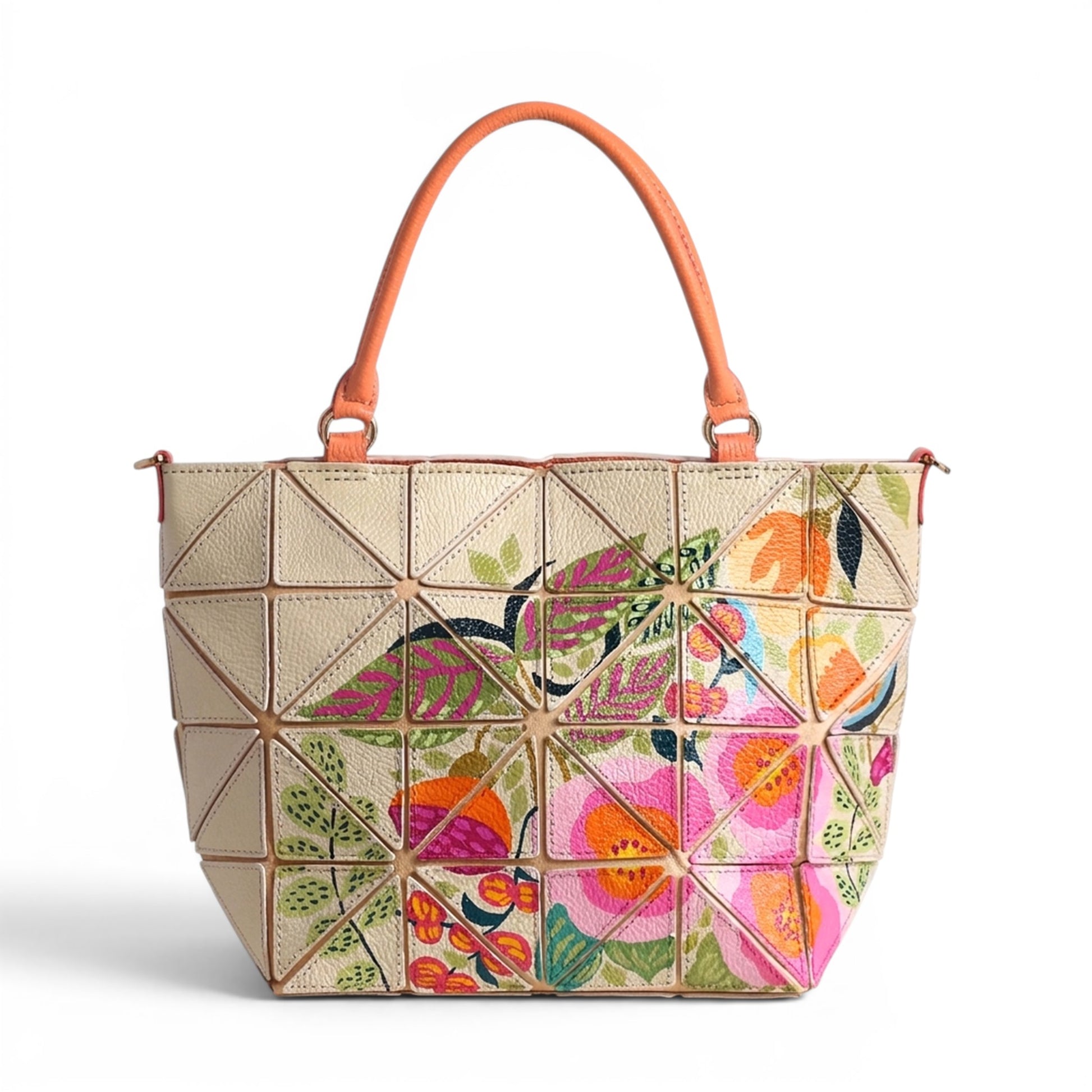 Cream leather handbag with patches and floral art