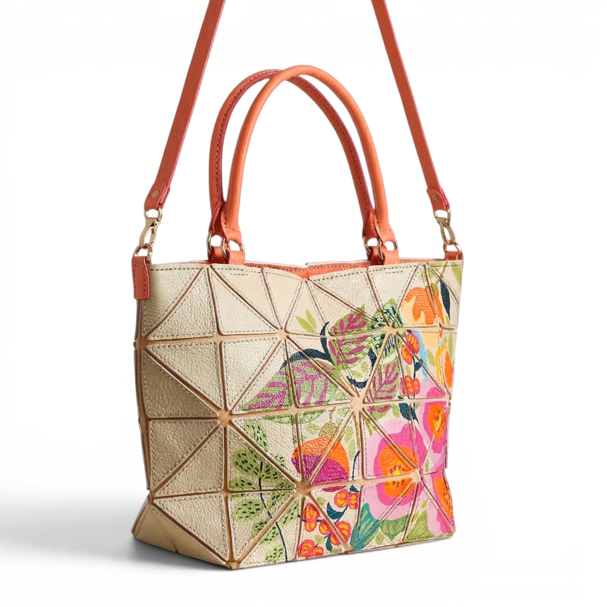 Leather Handbag with geometric patches and floral design