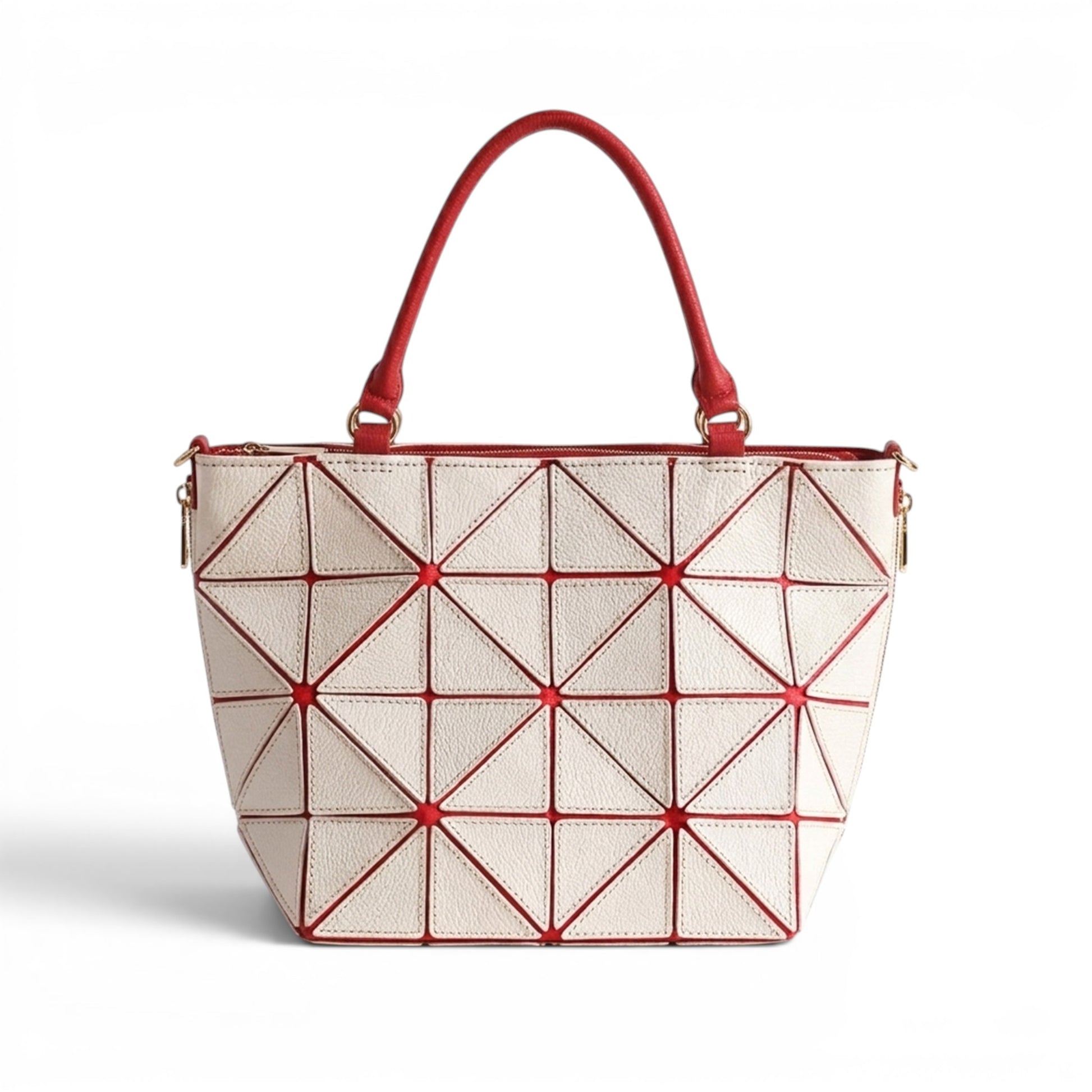 White and Red leather handbag with geometric patches