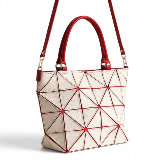White and Red leather handbag with geometric patches