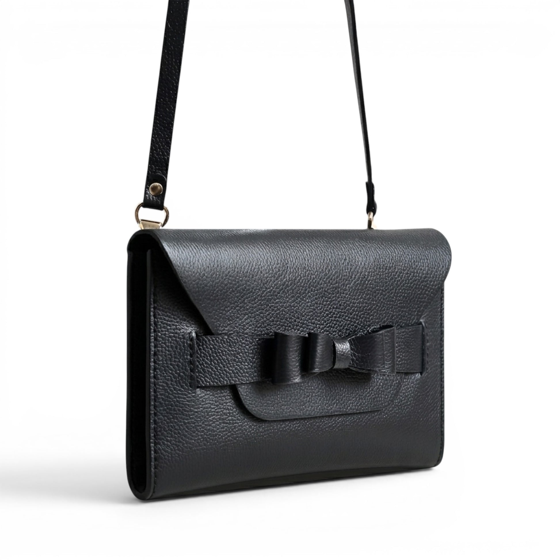 Black clutch bag with a bow detail