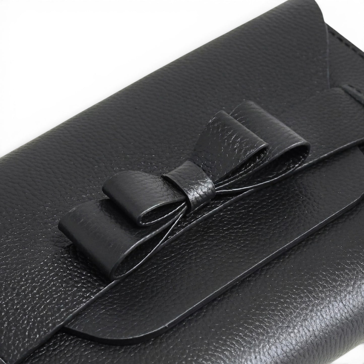 Black leather clutch bag with a bow 