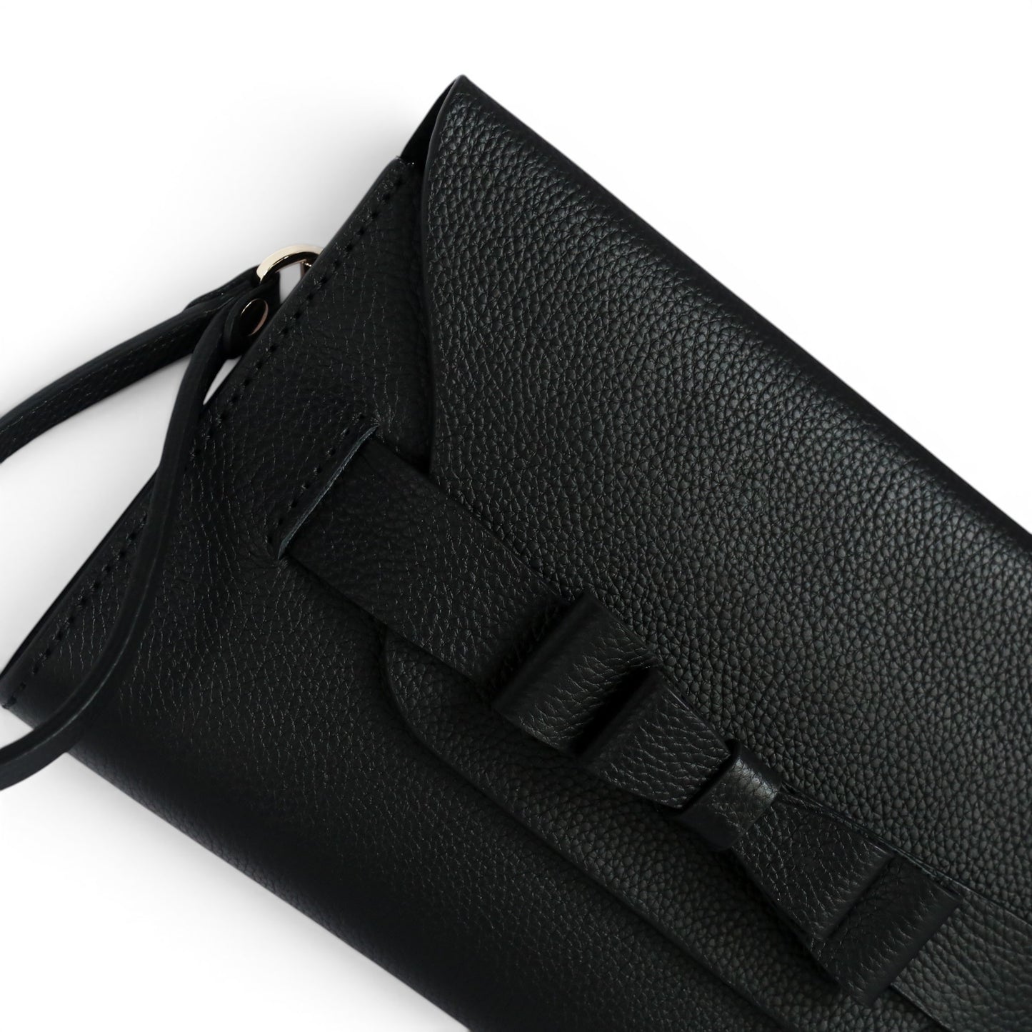 Black leather clutch bag with decorative bow
