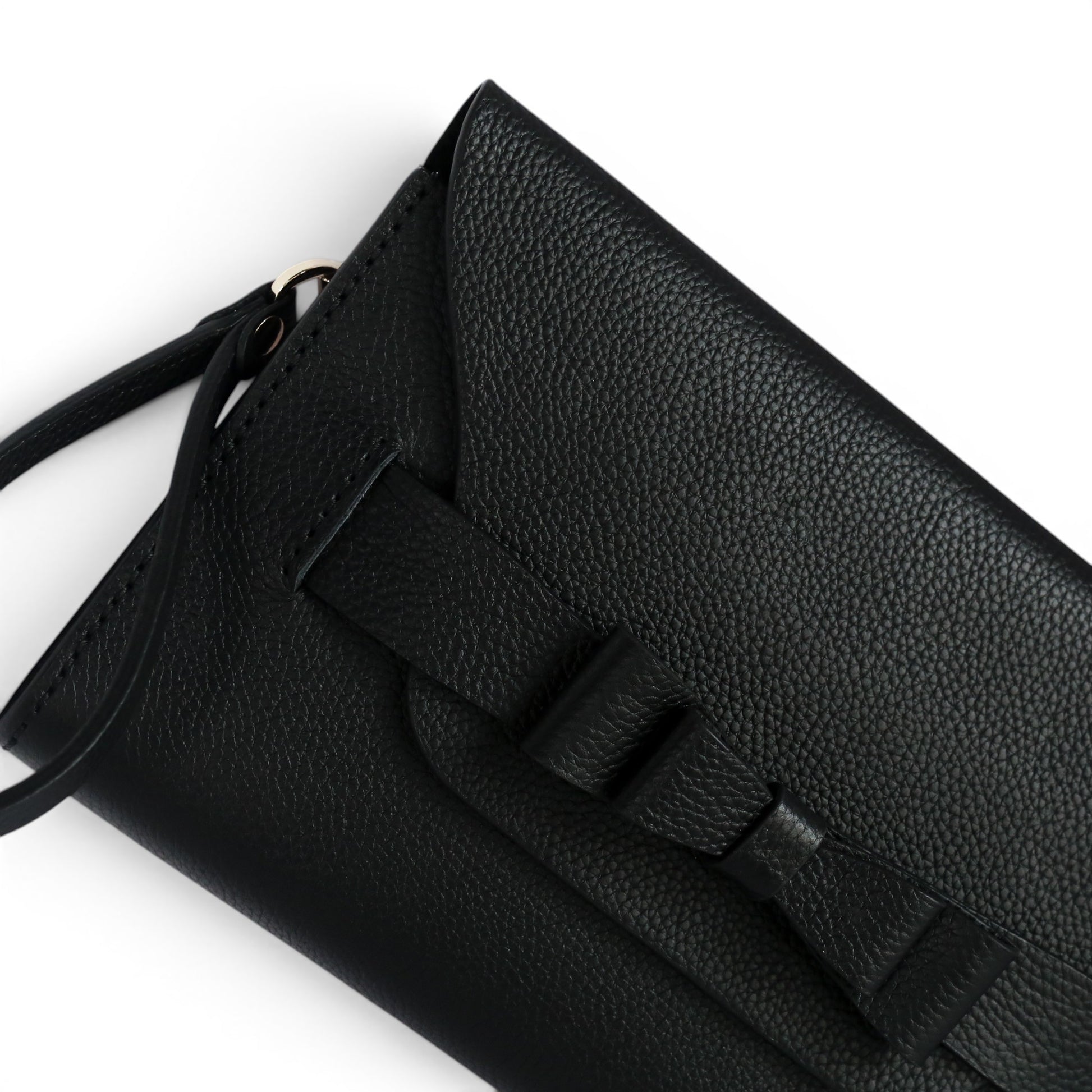 Black leather clutch bag with decorative bow