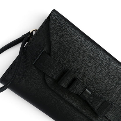 Black leather clutch bag with decorative bow