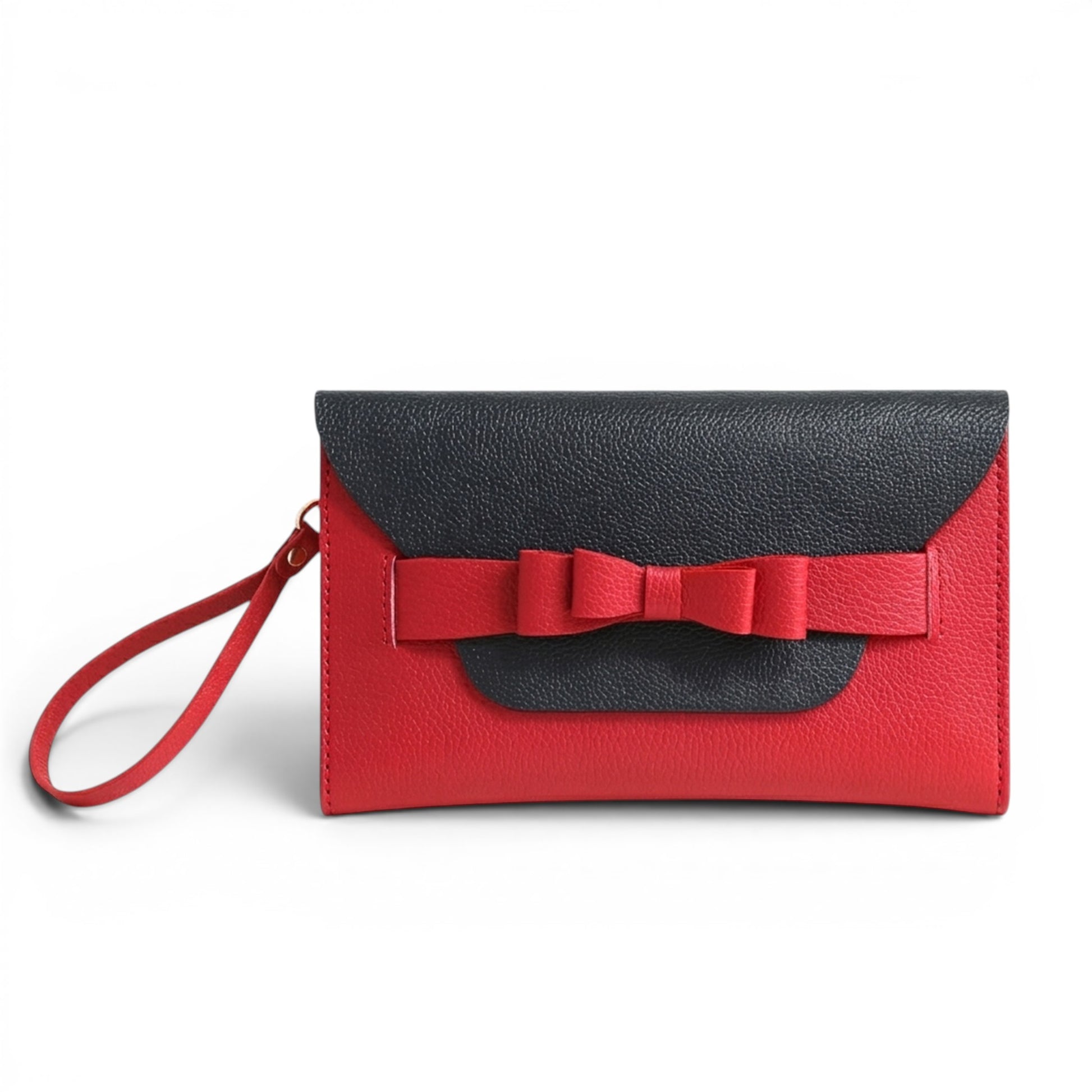 Red and black clutch bag with a bow