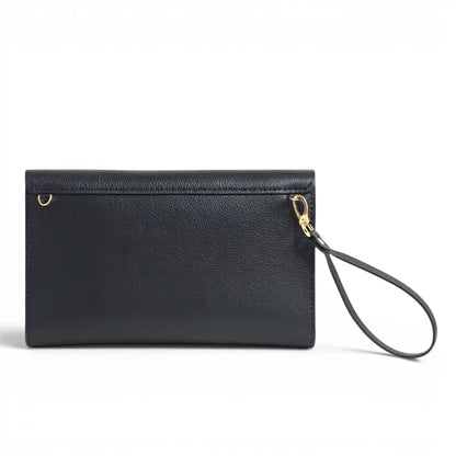 Black leather clutch with a wrist strap 