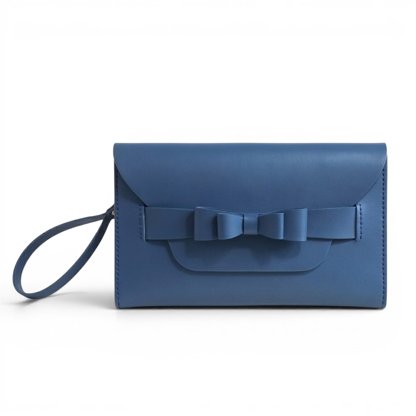Blue leather clutch bag with a bow