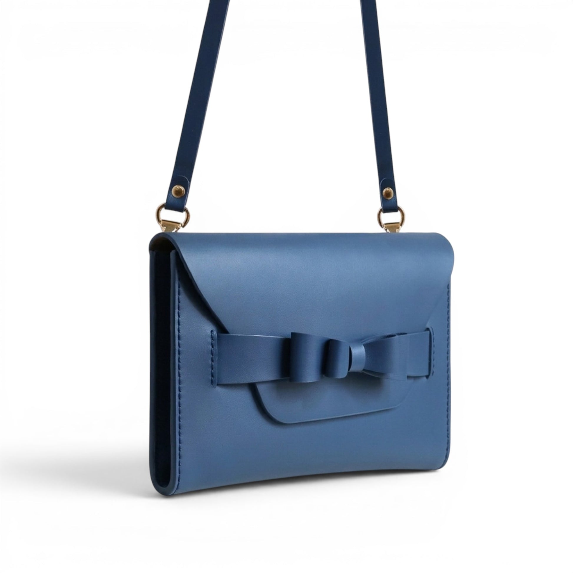 Blue Leather clutch bag with a bow and crossbody strap