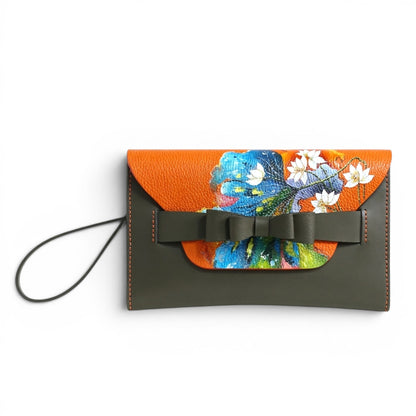 Leather Clutch bag with floral design and bow