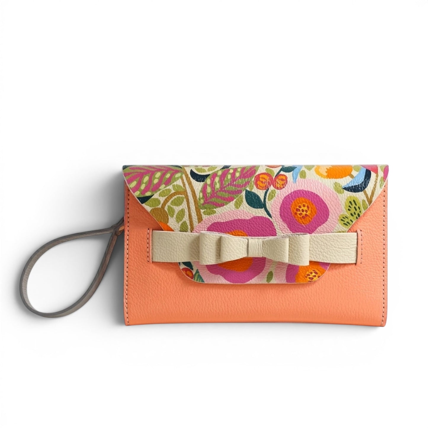 Floral-patterned leather clutch with a bow and wrist strap