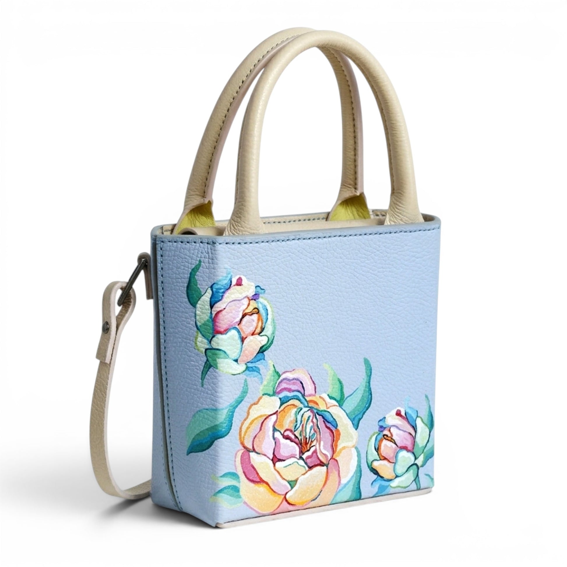 Light blue Leather Handbag with floral design