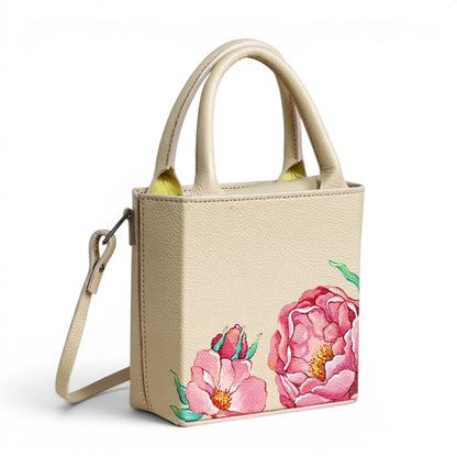 Cream Leather handbag with pink floral designs
