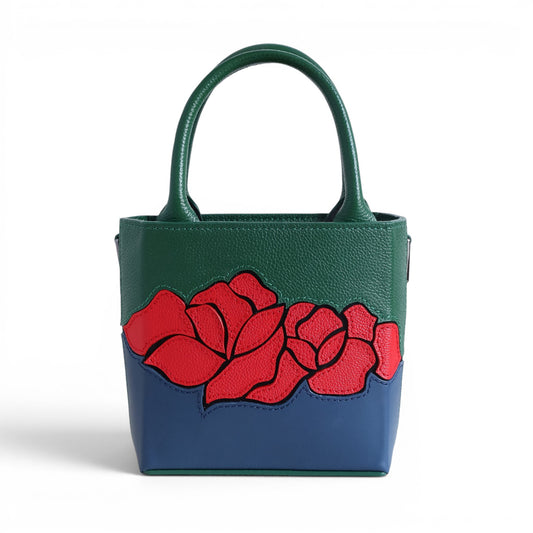 Leather handbag with red rose designs 