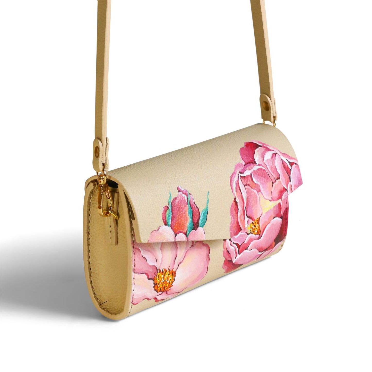 Floral leather handbag with pink flowers