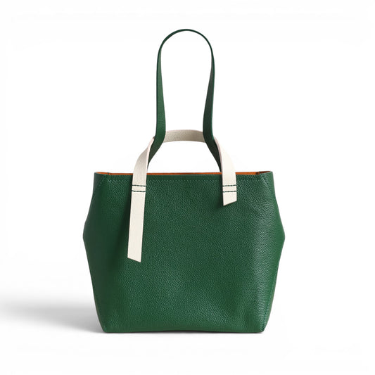 Green and white leather handbag with handles