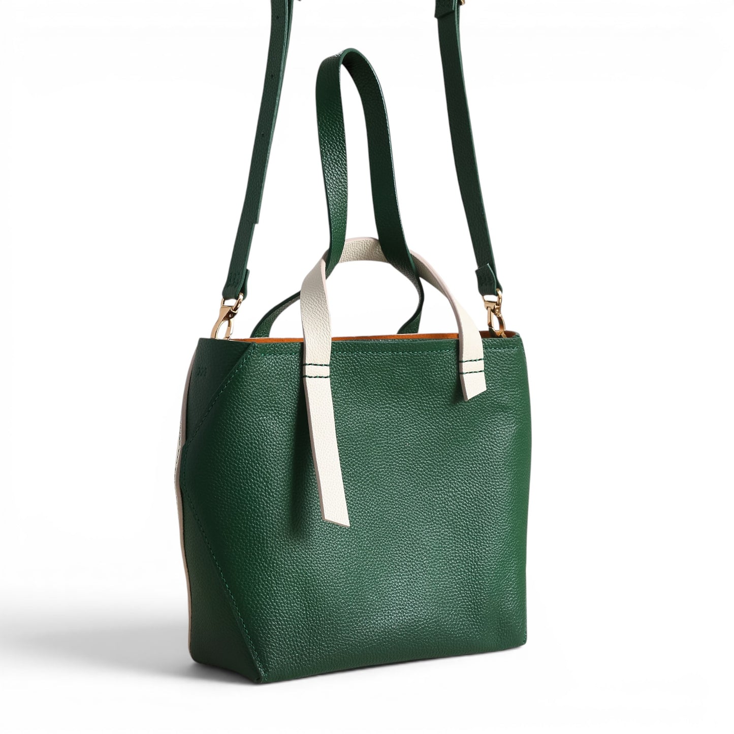 Green and white leather handbag with strap 