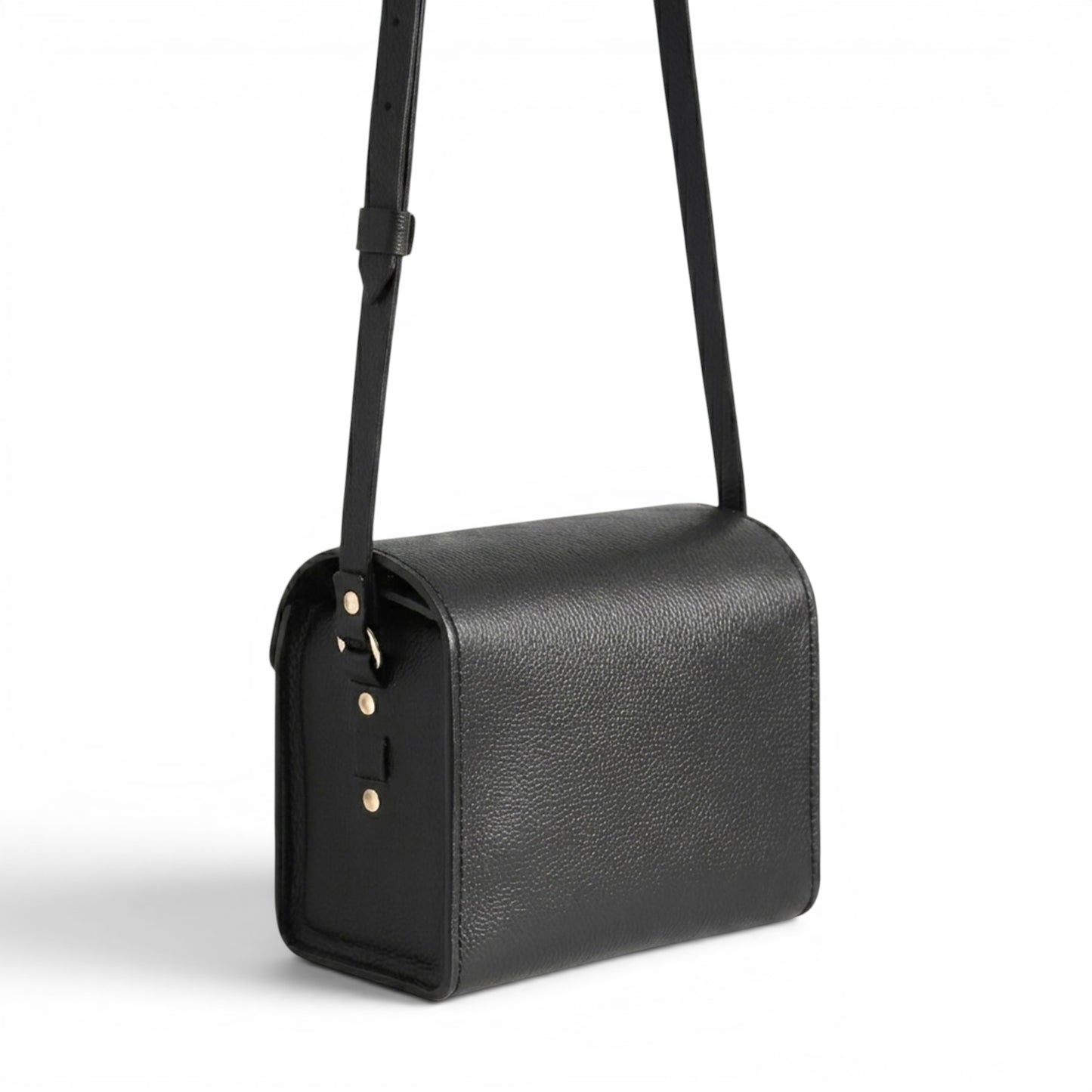 Black leather handbag with a strap