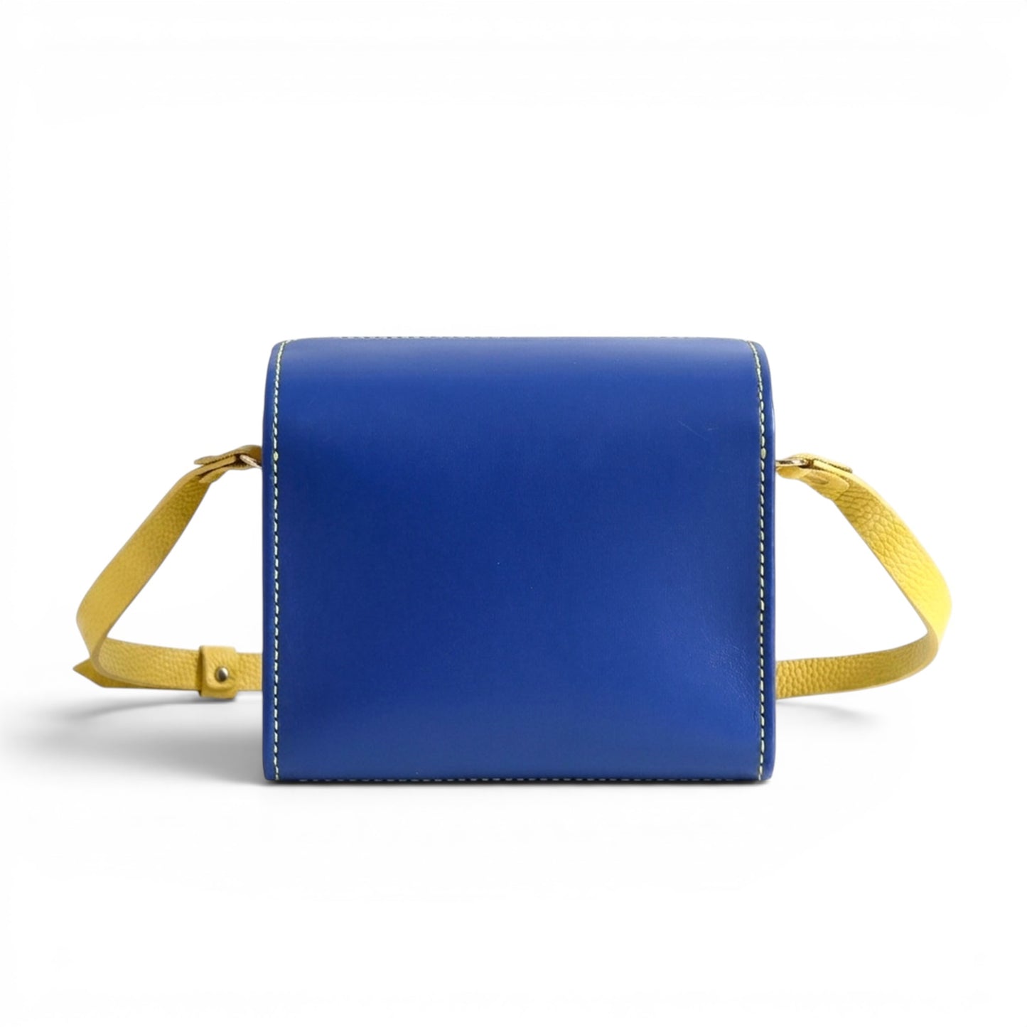 Blue and yellow leather crossbody bag with strap 