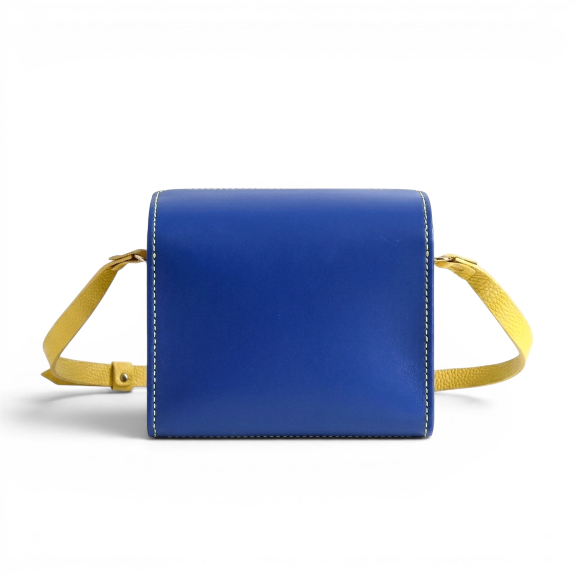 Blue and yellow leather crossbody bag with strap 