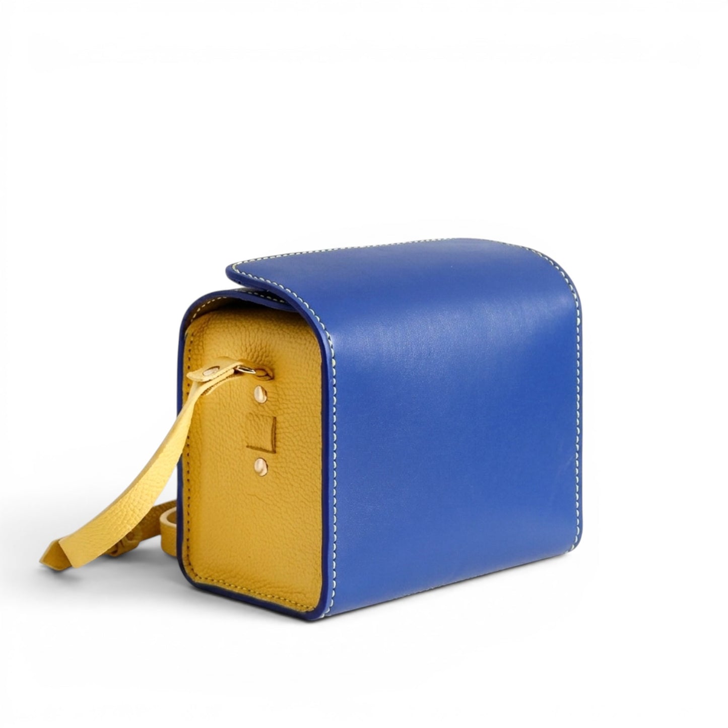 Blue and yellow leather crossbody bag with a strap