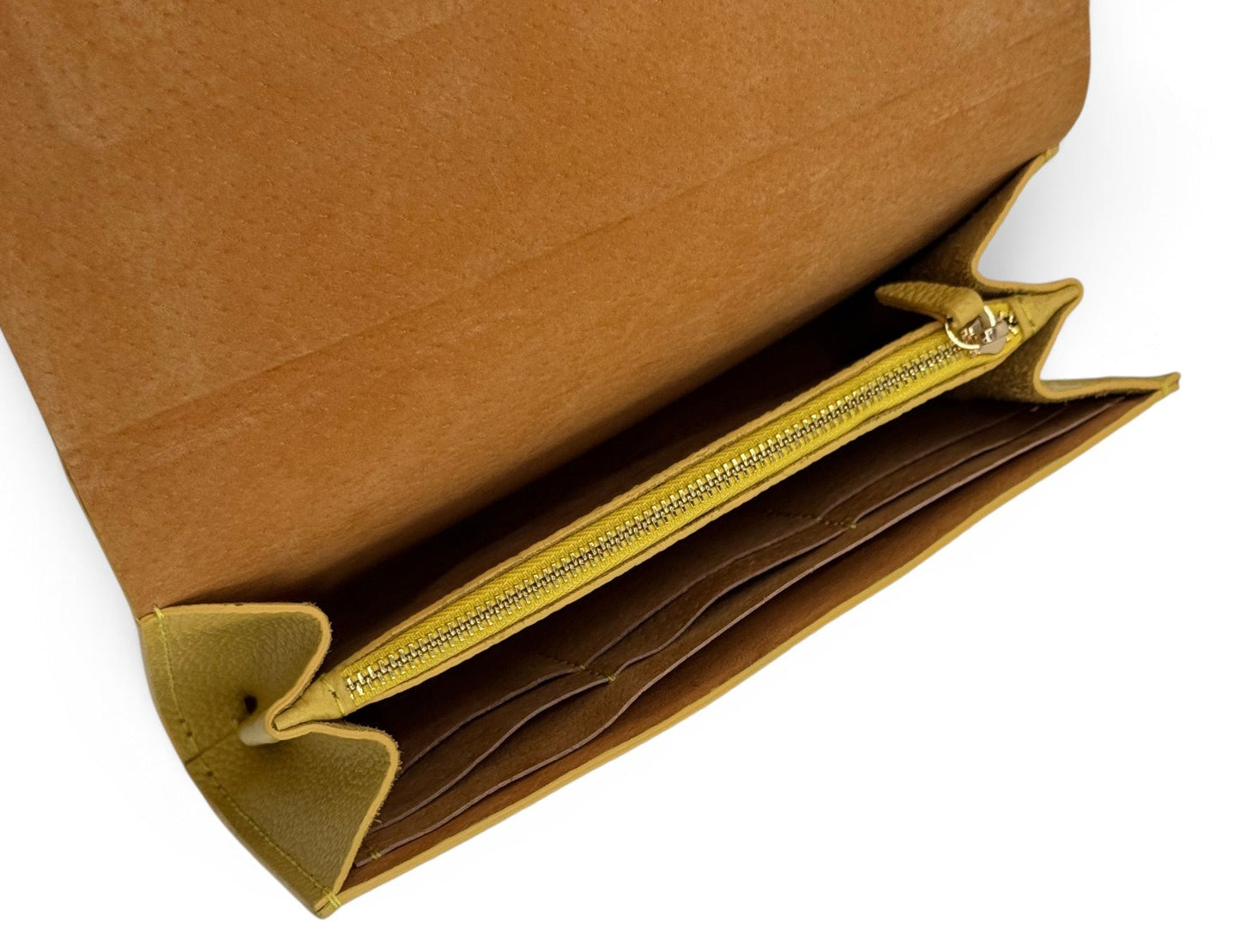 Yellow leather wallet with gold zipper