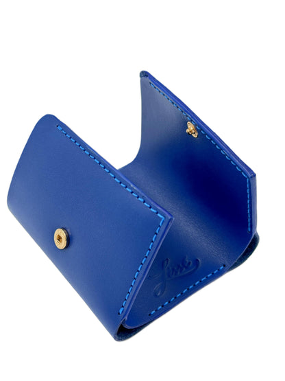Blue leather wallet with golden hardware