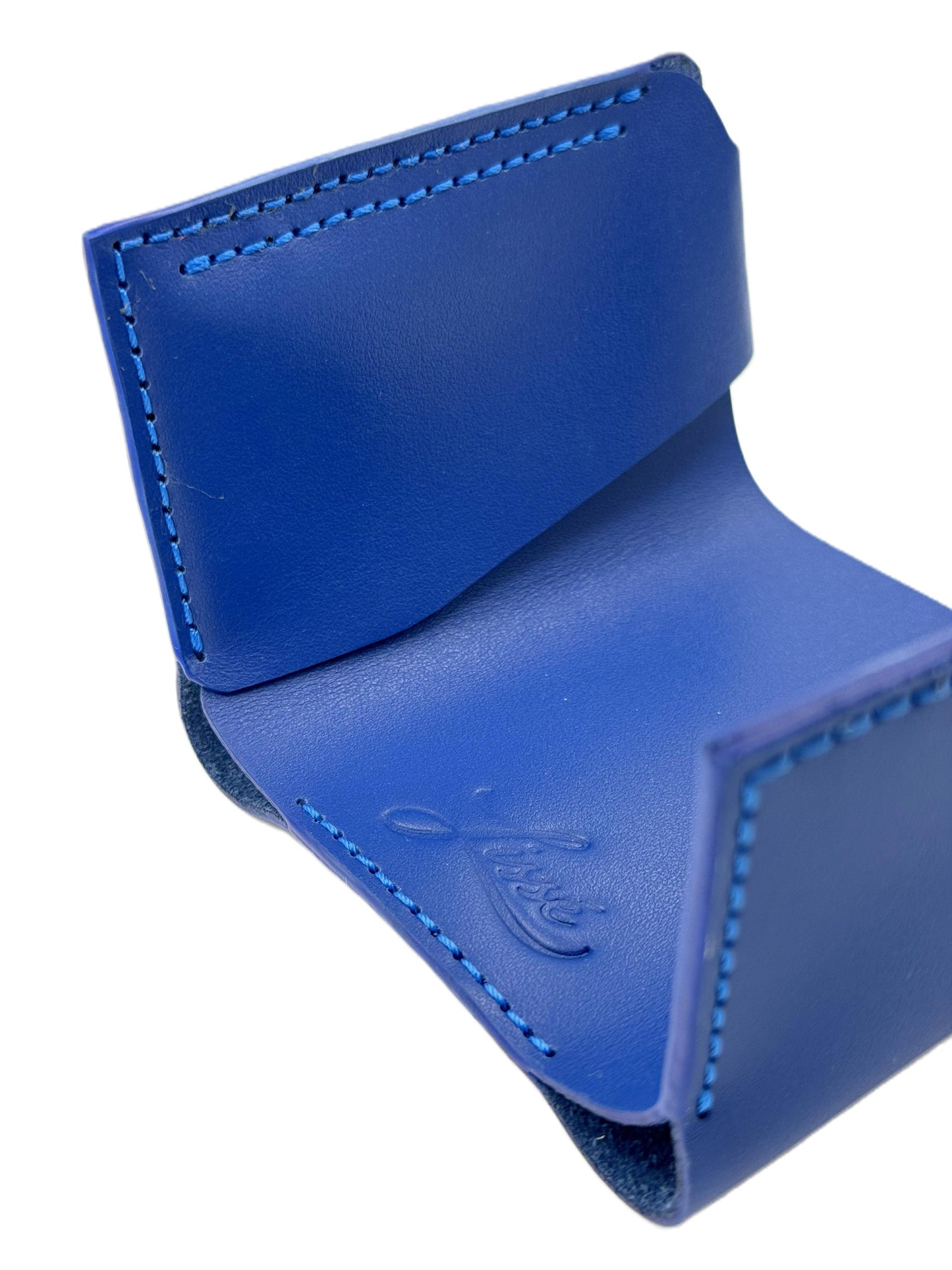 Blue leather wallet with visible stitching and logo