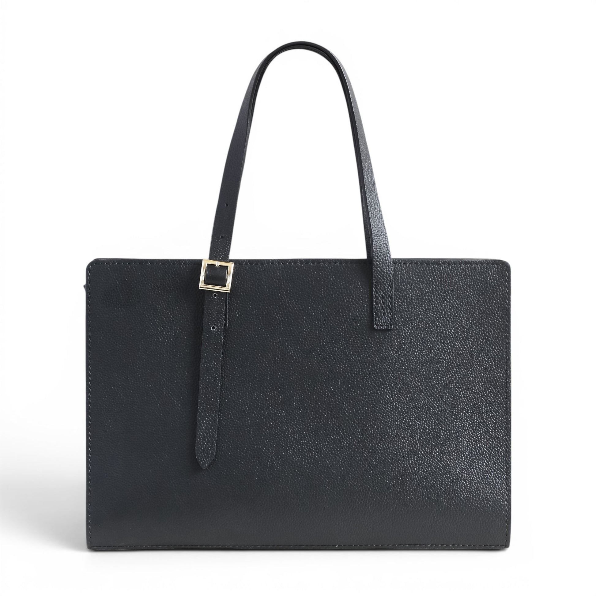 Black leather laptop bag with a strap