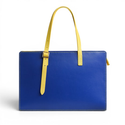 Blue and yellow leather handbag
