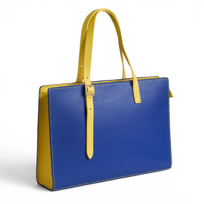Blue and yellow leather handbag 