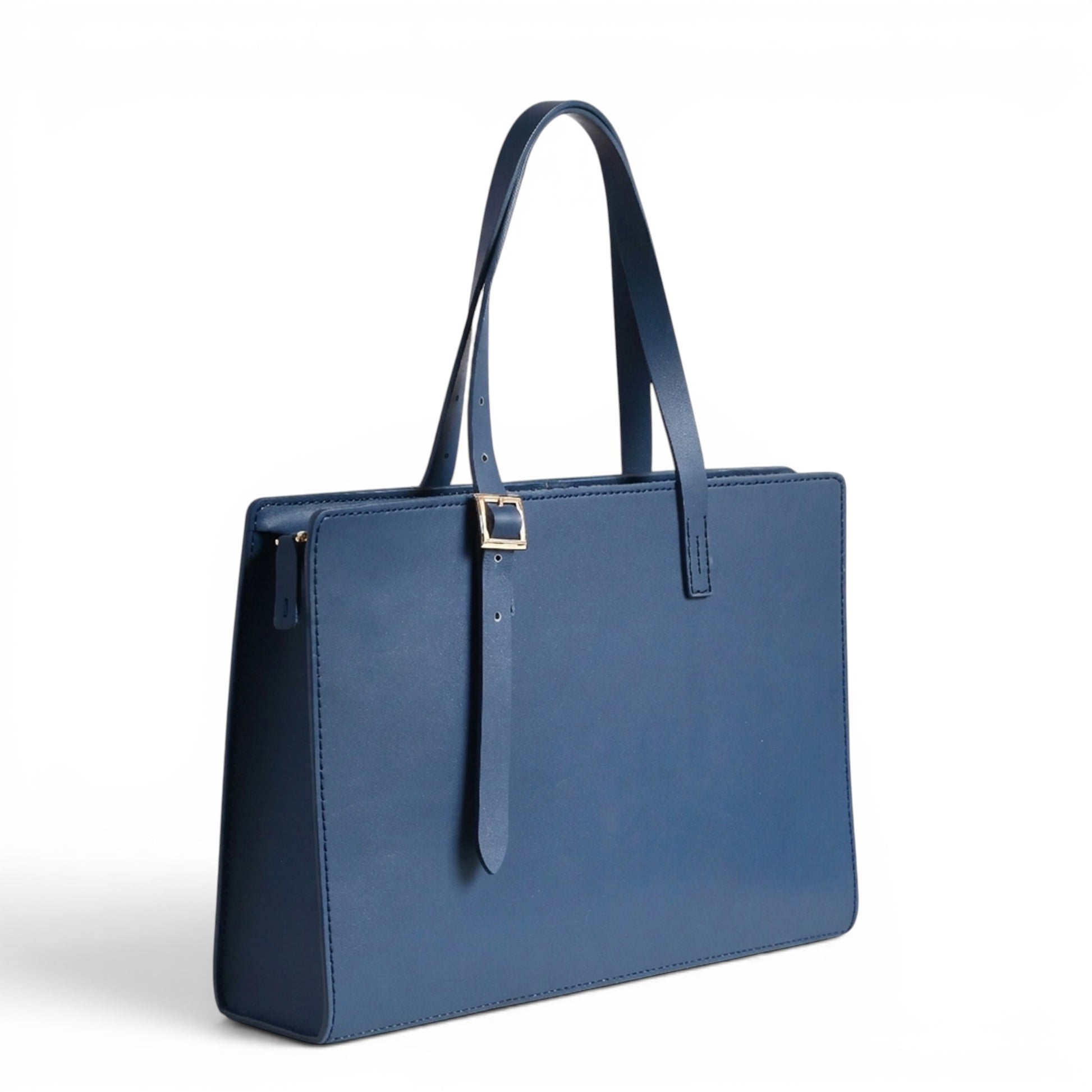 Blue leather shoulder bag with a gold buckle